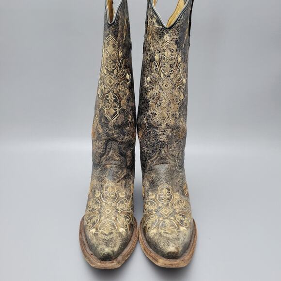Corral Circle G Women's Black Crackle/Bone Embroidery Snip Toe Leather Boots 9M - Picture 8 of 16